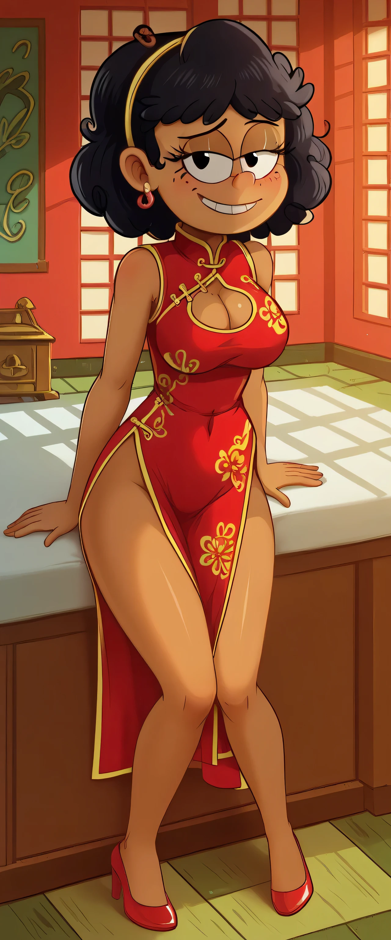 safe_pos, score_9, score_8_up, score_7_up BREAK cricketvd, the loud house, BREAK large breasts, BREAK looking at you, cheongsam, inside of a chinese temple, full body view, brown skin, black hair, curly hair