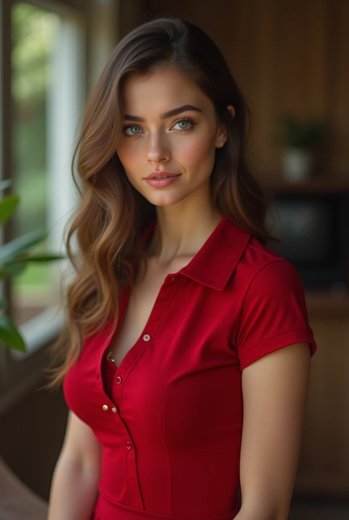 (​masterpiece, best quality:1.5), highest quality, High resolution, super detailed, Realists, Full body photo of a young European brunette woman, detailed and beautiful blue eyes, very detailed eyes and face, longeyelashes, the young woman wears a tank top made of shiny red satin and a black short pleated skirt, beautiful natural makeup, elegant and noble々Pose, Gardens as background, soft daylight, bright colors, fine brushstrokes, shiny dress fabric, beautiful color palette, glowing skin, First-class rendering, that captures every detail, enchanting atmosphere, subtle shadows and lights, (perfect anatomy:1.2), (The stunning young woman stands in the park and looks in love (magnificent panorama view:1.2)