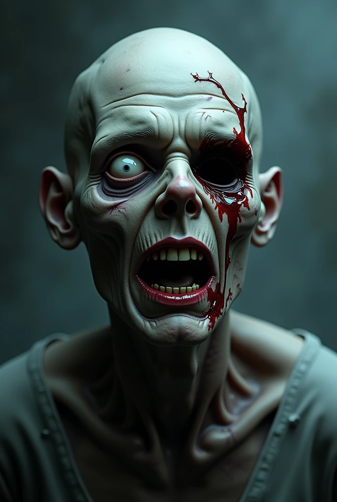 create a face of a zombie in gray/ blue, with one eye out