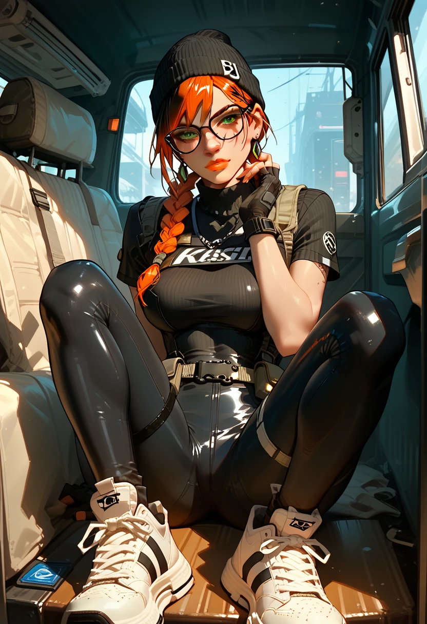 score_9, score_8_up, score_7_up, sorce_6_up, dokkaebi,1girl,short hair,black hair,gloves,hat,black eyes,glasses,black gloves,fingerless gloves,lips,twin braids,black headwear,bodysuit,skin tight,black-framed eyewear,pouch,round eyewear,black bodysuit,beanie,holster,tactical clothes,score_9, score_8_up, score_7_up, 1girl, adult,  t-shirt, white sneakers, wearing a blue [better_leggings], big breasts, sitting in van, night,    ffuturegwenxl, 1girl, solo, short hair, green eyes, earrings,orange hair, multicolored hair, gradient hair, hairclip, 