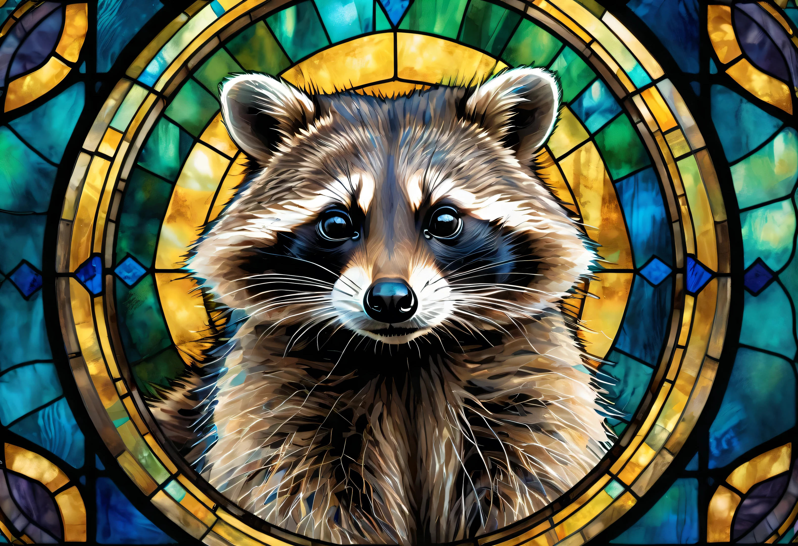 A fine art print depicting a raccoon: The raccoon displays realistic fur, curious eyes reflecting the light from a stained-glass window with blue, green and gold patterns. The overall aesthetic is warm, slightly dark, and soft with deep teal hues. The style is professional and elegant.
