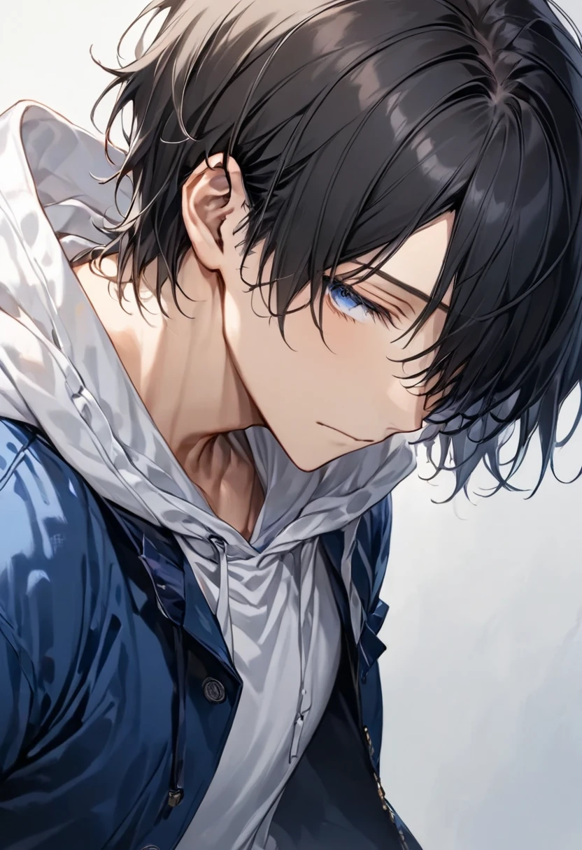  dark-haired young man"Asuka" , Look diagonally downwards ,clothing: Wearing a white hoodie and blue jacket