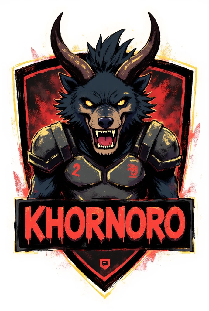 Create a logo in the style of an American Football team for a team named 'KHORNORO' with a strong emphasis on the horned demon werewolf's head. The horned demon werewolf should have a fierce, powerful expression, with black and red armor and glowing eyes effect. The team name 'KHORNORO' should be displayed in bold burning fonts, but the horned werewolf head should be the dominant feature. The color scheme should include black, gold, and dark red to evoke a battlefield feel. The logo should be dynamic, modern, and powerful, suitable for a sports team.  Transparent background 