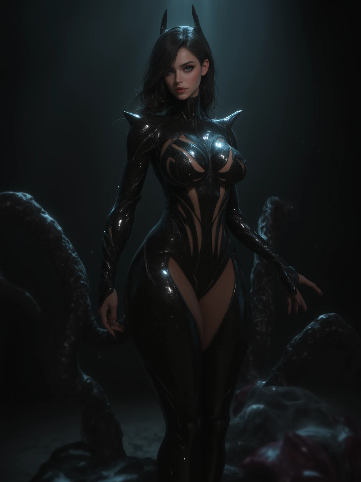 Action shot, 1 girl, flying hair, red eyes, fire witch, blood on my face, particles of light, lightning rays, wallpaper, colorful, high contrast, vampire, grin, evil smile, psychopathic grin, psychopathic smile, tilted head　Dirty body　sweaty　beautiful breasts　exposed　liquid from nipples　　alien woman　alien woman, Slimy　saliva,　The whole body is facing towards me　attractive body　open legs　lure　Holding your chest close with your arms　succubus　drool　stick out tongue