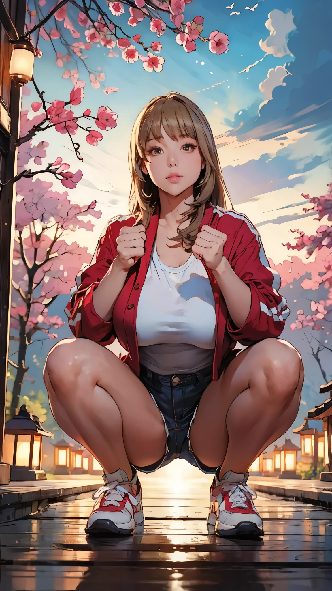 girl, full body, crouching, thigh, legs, sneakers, funnel jacket, (gigantic breasts:1.4), short shorts, long hair, looking at viewer, clenching fist, clear sky, clouds, sakura trees, residental area, beautiful, kimono, detailed background, quiet environment, lanterns, soft lighting, bright color, top quality, masterpiece, photorealistic, beautiful illustration, natural light, super details,