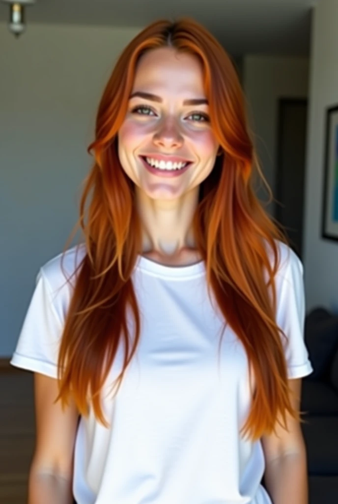 A 22-year-old Brazilian woman, long red hair, round face, light eyes, perfectly proportioned body, facial expressions that convey friendliness and confidence, posing for the photo, Wearing a white t-shirt, inside his room, with a gray wall in the background, Photograph taken with the iPhone camera in a naturally lit environment, high resolution image but maintaining a touch of reality without exaggerated filters.