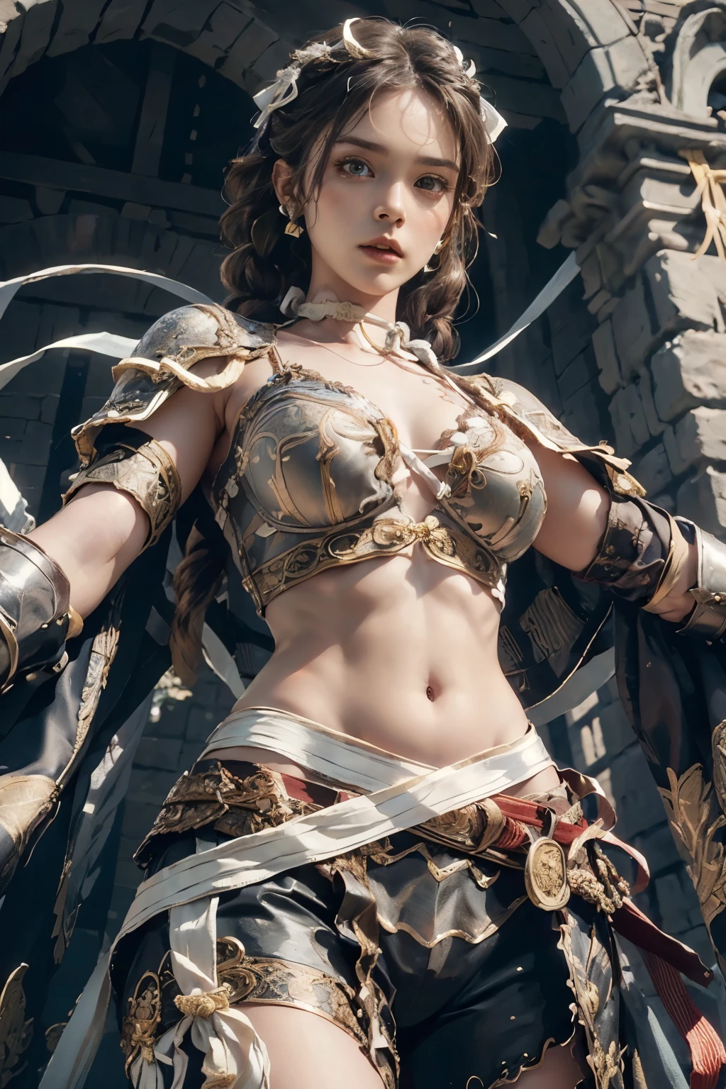 (( photoshoot)),(( top quality,8k)), ((masterpiece)), ( Details), Photographically, High Definition , Knight Girl ,(medieval fantasy background :1.2), Detailsな美しい顔,(Beautiful contrasting eyes :1.1), knee up , white medium hair,(Loosely Braided Hair :1.3), (( armour decorated with ribbons:1.5)),( cinematic light:1.5),(Chest,clavicle,Waist,navel:1.3),Lace Cape,Stone Wall,( dynamic posing from below:1.5)