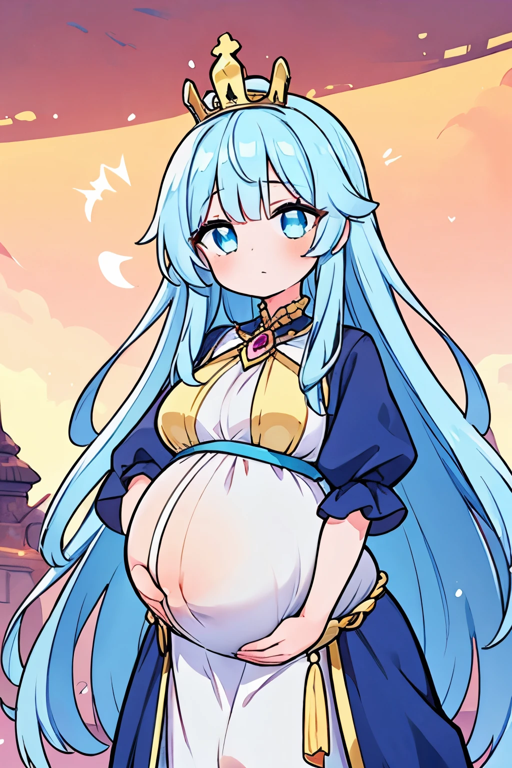 (high quality), 1girl, queen, young girl, long blue hair, (pregnant, big pregnant, dressed pregnant), queen dress, stand up, (comfortable expressions, detailed eyes, facing at front), fantasy