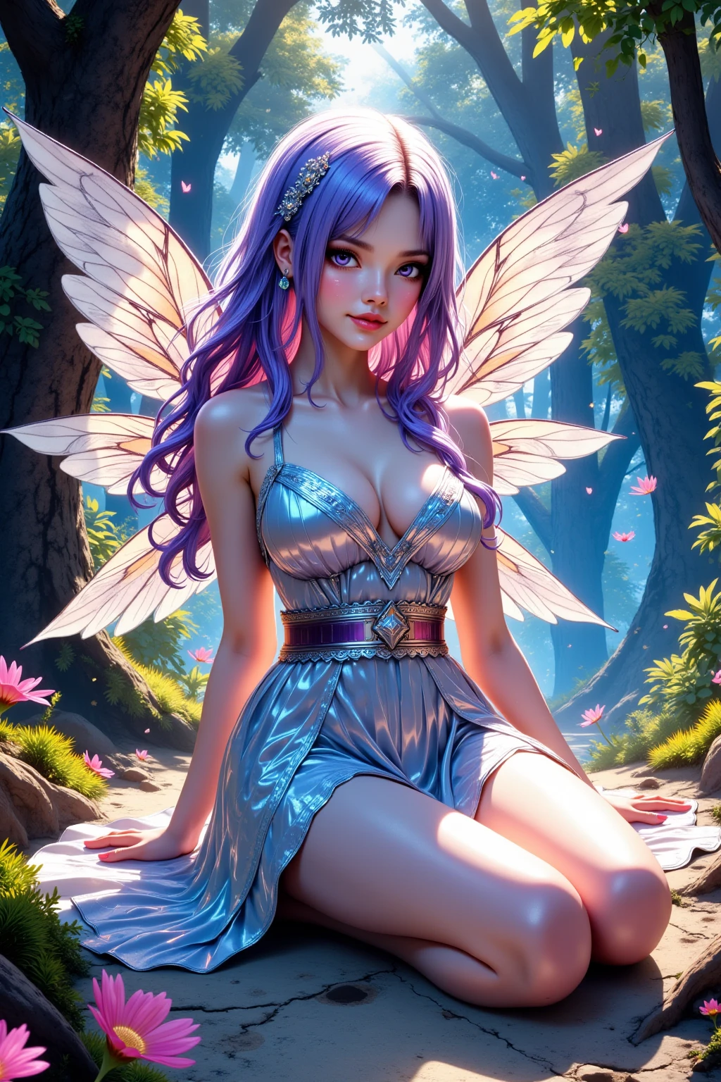 cute little Fairy, blue butterfly, Light Purple Hair, pink eyes, A pale purple dress with pointy ears, made of petals and leaves. The fairy has a forward leaning posture, wearing flower clothes made of leaves and thin wings. She is gently smiling, holding a large leaf.