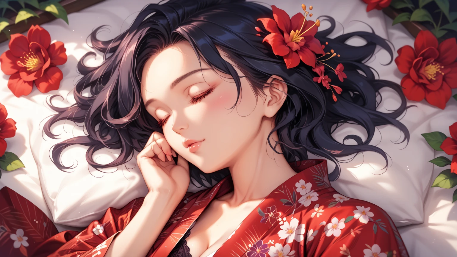 rating_safe, score_9, score_8_up, score_7_up, source_anime, masterpiece, best quality, solo, 1girl, wondering face,, firm breasts(she is wearing dark red yukata ,pastel black panties,) ( she is sleeping ,zen garden flower, close eyes , above view) ,see but and hip best quality, high definition, anatomically correct, Very detailed, Ultra High Definition, textured skin, Sharp details,