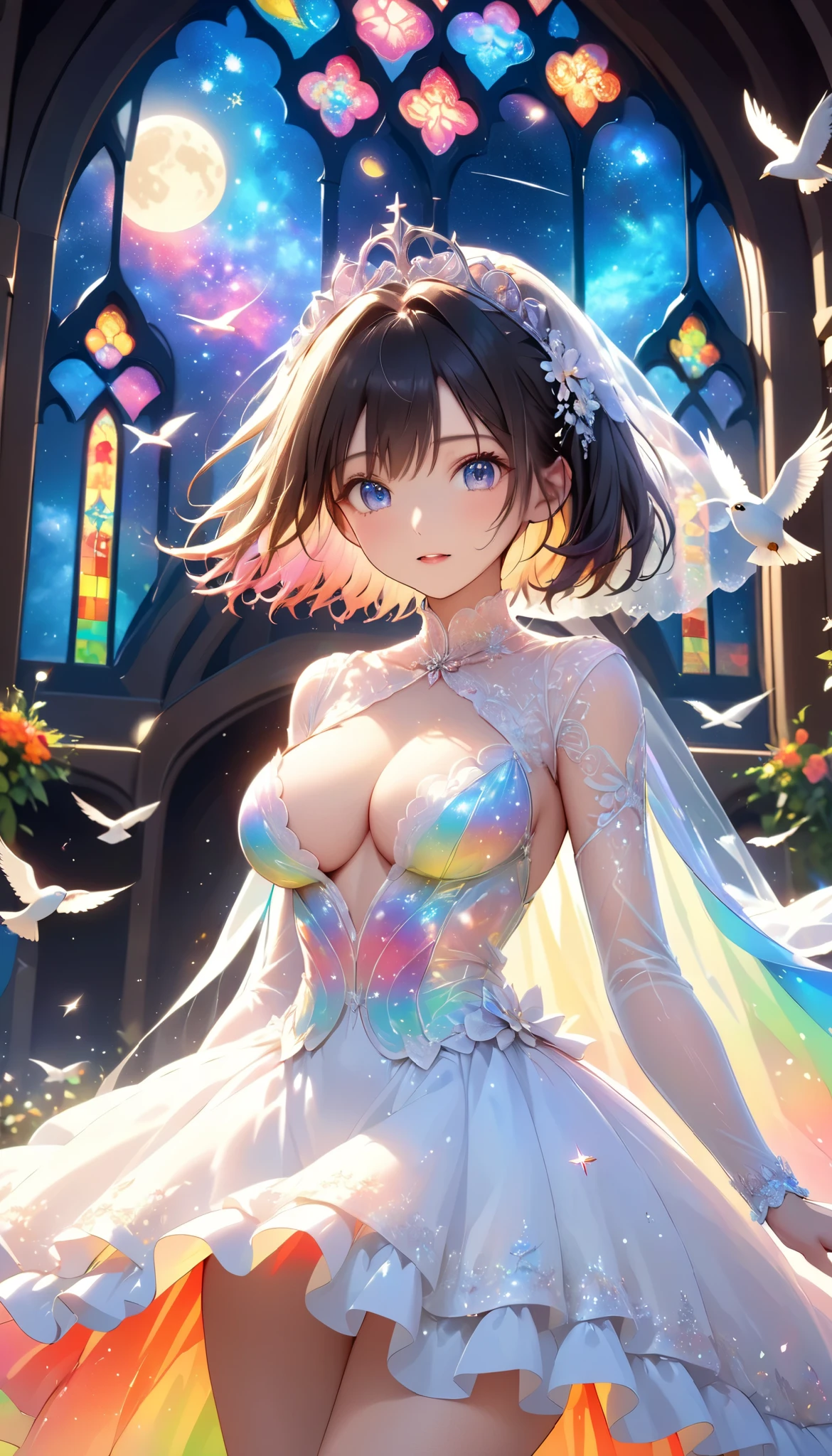 Highest quality, Super quality, 16K, Incredibly absurd, Very detailed, 2.5D, delicate and dynamic, church, Brightly colored stained glass, Small faint lights and flying fireflies, night, Starry Sky, milky way, nebula, shooting star, Flowers, birds, wind and moon, Small face, Extremely delicate facial expression, Delicate eye depiction, Upper body close-up, erotic, sole sexy lady, healthy shaped body, 22 years old lady, bride, 170cm tall, huge firm bouncing busts, Colorful tiaras, A long wedding dress with a complex structure, Colorful long wedding dress, frilly see-through long wedding dress, super long cape from head