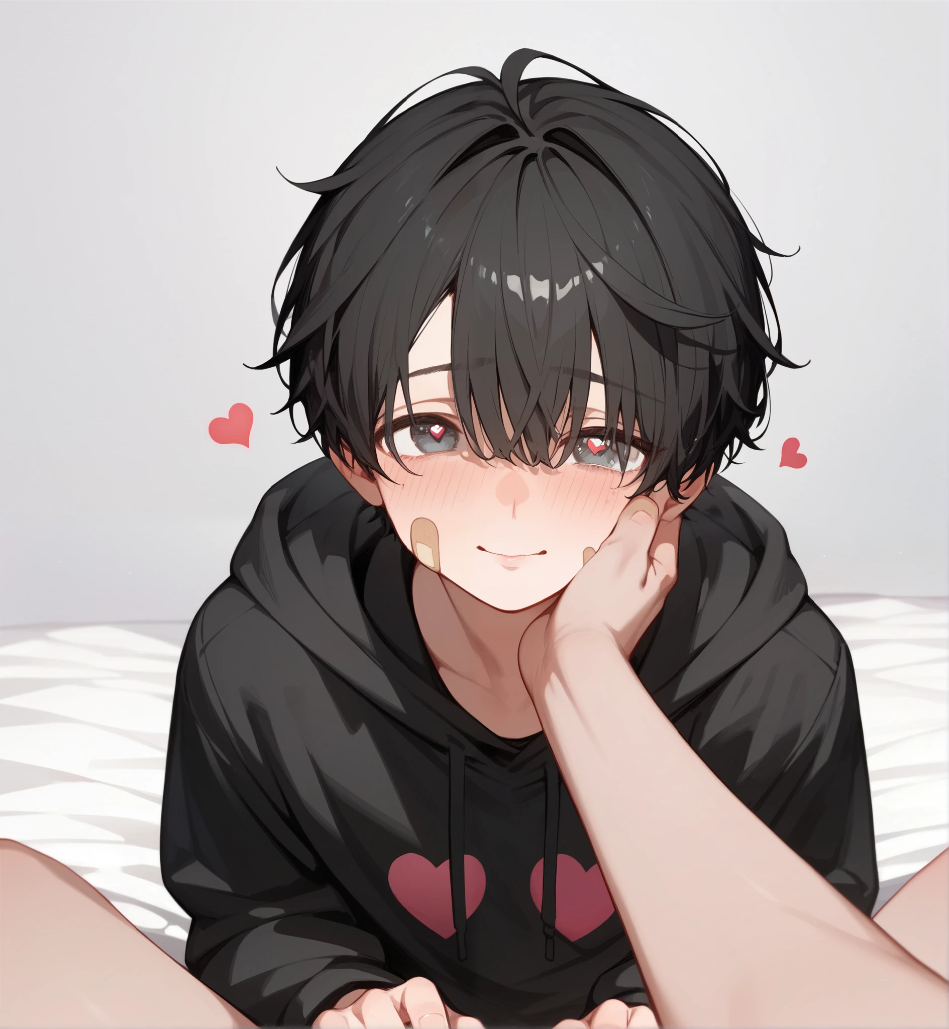 1boy, black hoodie, straight hair,, shy expression, sitting on the bed, hair covering eyes, black hair, heart shapes, joy face, Band-Aid on Cheek, pov, looking at the viewer