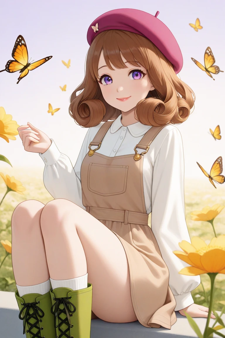 I want an image that features a charming and cheerful illustration of a  stylized in a springtime setting. The girl has large, almond-shaped eyes, pink lips, and a sweet, like expression. She wears a pink beret, a light brown dress with overalls, and green boots with socks, in keeping with the seasonal theme. Her long dark brown hair with curly ends blows in the wind, while vibrant flowers fall around her.

Next to the girl, very close, is a small stylized fox, with a happy expression. The fox has big, bright eyes, a charming smile and is adorned with a crown of red, orange and beige flowers. The background is made up of warm tones of beige and purple, complemented by some flying butterflies, creating a welcoming and magical atmosphere.
Horizontal composition in A4 format