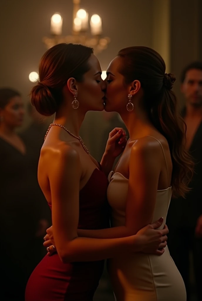 Woman in gold sequin thigh slit short v neck dress losing a fight against a woman wearing a white buttoned full sleeved blouse tucked completely into her beige high waisted pants tied with a belt