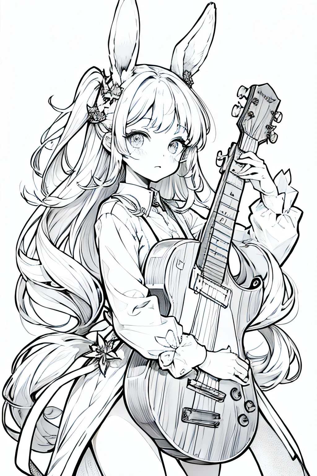 The illustration should be in [SUPER SIMPLE], black and white, bold line art with a clear, mostly empty background. [INCLUDES ONLY OUTLINES WITH NO FILLED IN BLACK AREAS], ensuring no shading, no complex images, and making it very easy to color in between the lines. A cute anime bunny with floppy ears and a small carrot.