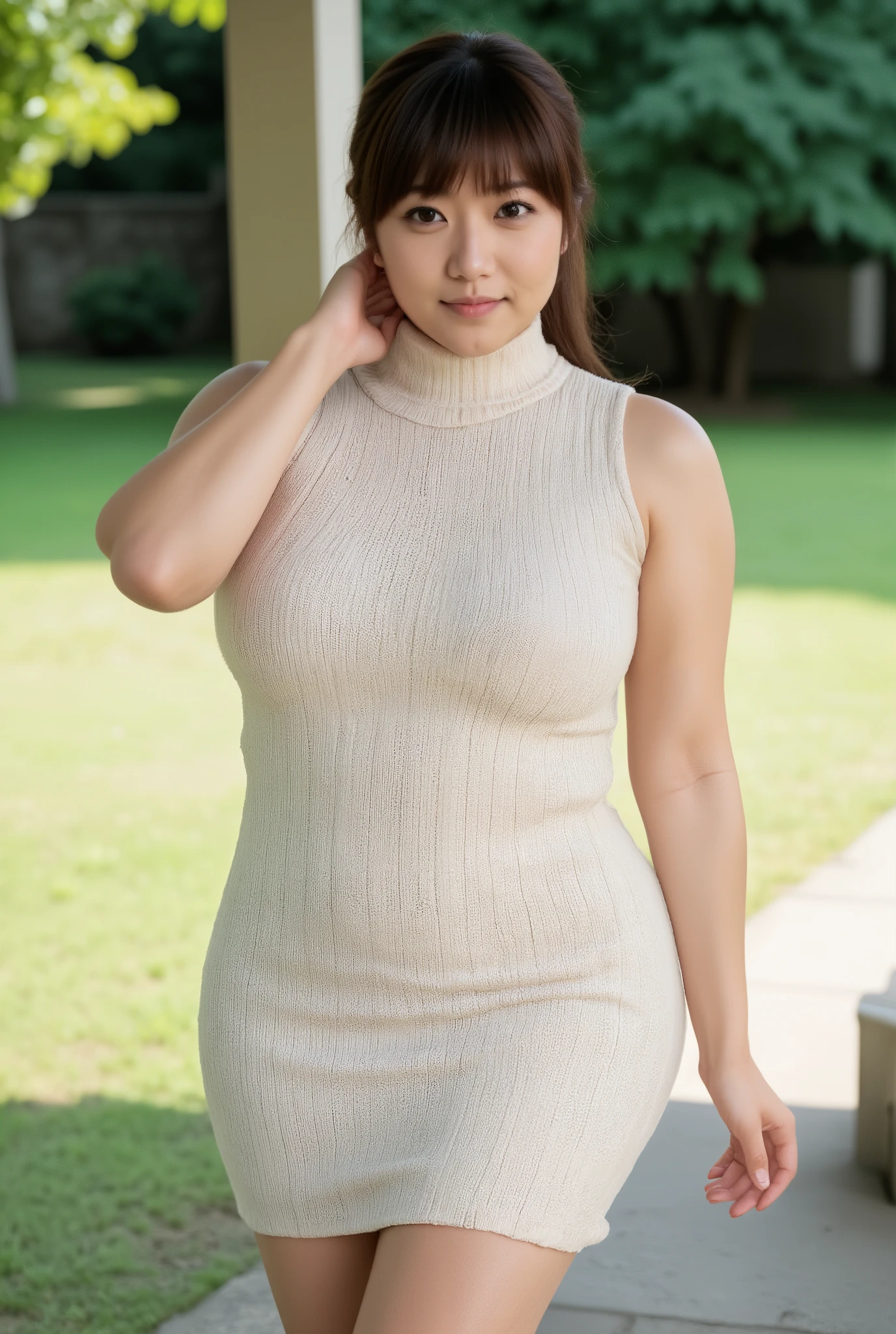 (Outdoor portrait focusing from the chest upward), (1 woman), (Beautiful Japanese mature woman), (Facial features resembling those of a White woman:0.5), (Gorgeous and erotic smile:1.5), (Big smile:1.3), (Confident posture with chest forward), 1hand behind head, thick arms, arms behind head:1.2, (Plus size model), (Direct provocative gaze into the camera), (sleeveless turtleneck sweater dress), sleeveless knitted tuetleneck sweater, high-heels, (Standing outdoors in a simple grassy park setting with a strongly blurred background), (Soft natural lighting), (Photorealistic rendering), breasts dynamic focus, (Extremely detailed and realistic facial and skin textures), (extremely detailed turtleneck-sweaters material), (Shallow depth of field), (High resolution), (Masterpiece). (Whole full body view perfections) 