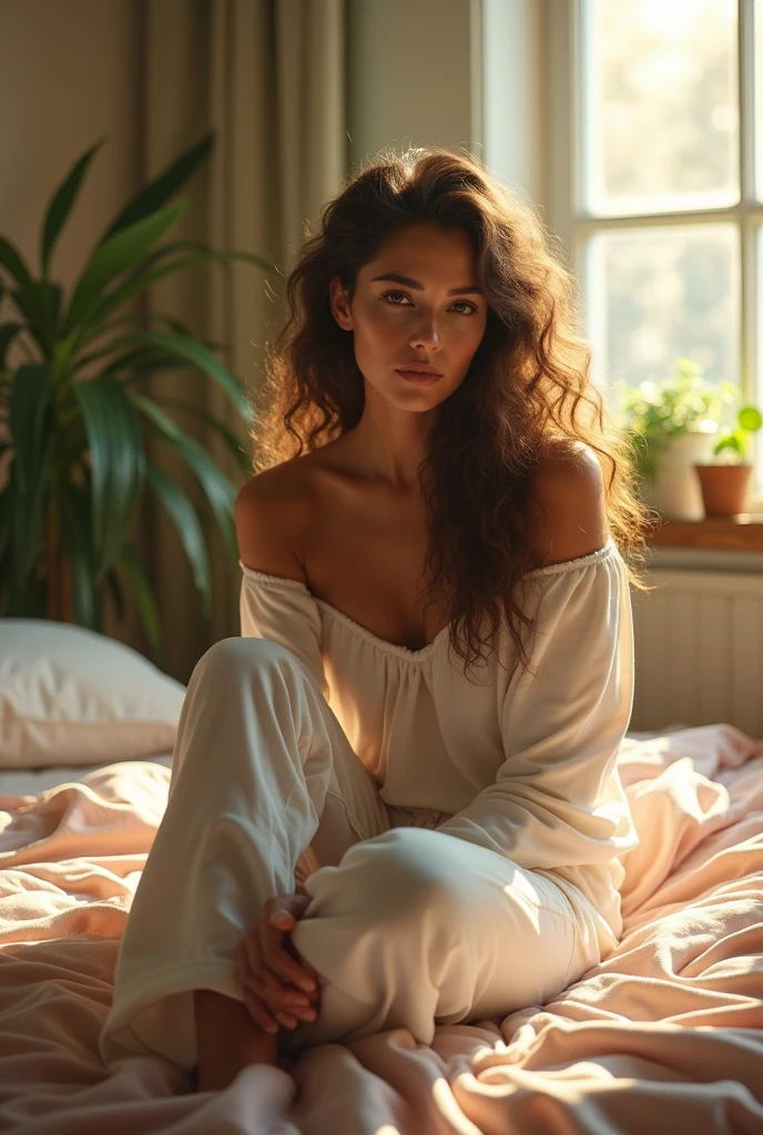 (photorealism:1.2), beautiful woman, sitting on bed, wearing loose off-shoulder top, pajama pants, long curly hair, indoors, soft lighting, plants in background, window with sunlight, cozy room, relaxed pose, realistic, intricate details, warm colors, by Greg Rutkowski, by Alphonse Mucha
