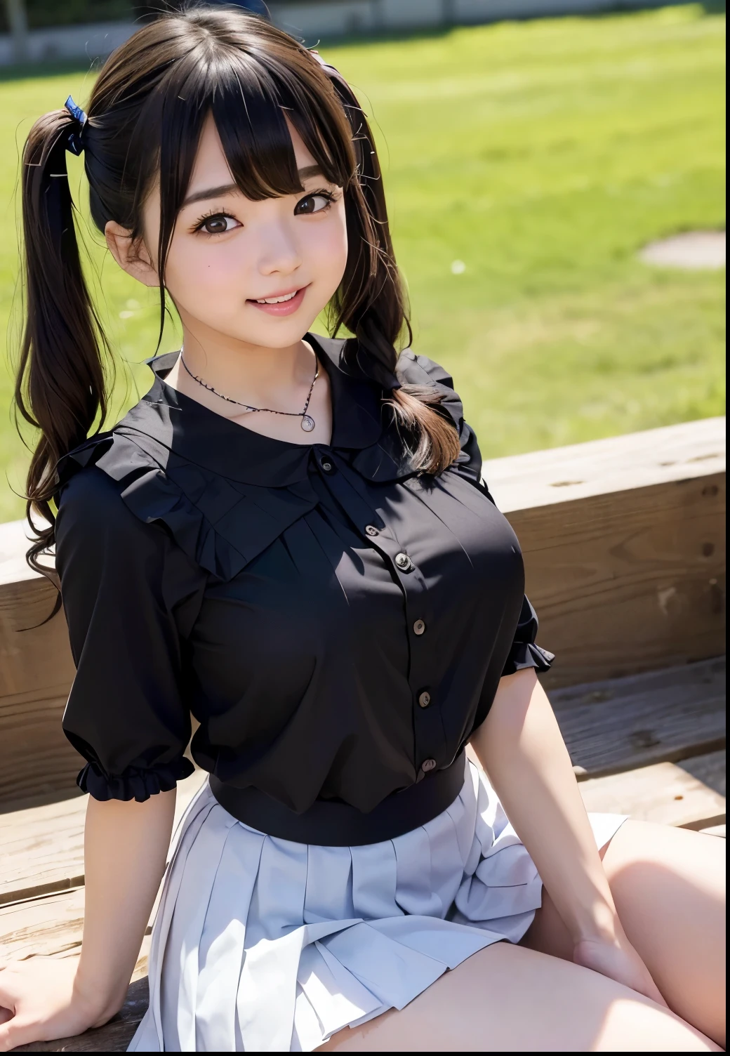 (  top quality、masterpiece:1.3、  ultra high definition )、(  very detailed 、  caustics ) (Genuine:1.4、RAW shooting、)超Genuineなキャプチャ、  very detailed 、  Natural Skin Texture 、masterpiece、( wearing a black blouse and pleated skirt:1.3)、  cute expression  、 Happy expression、、: 、、  Innocent Girl 、  is amazingly cute、  twin tail hairstyle 、Curly Hair、ribbon、  black hair、 Big Breasted 、Shining thighs、Shining Ass、  necklace 、 Sitting on the terrace of a sunny cafe 、 detailed anatomy of a Japanese elementaround details、smile、 invite a gaze、(  anatomically correct)、  Cowboy Shots 、 Detailed hair、 bust lift