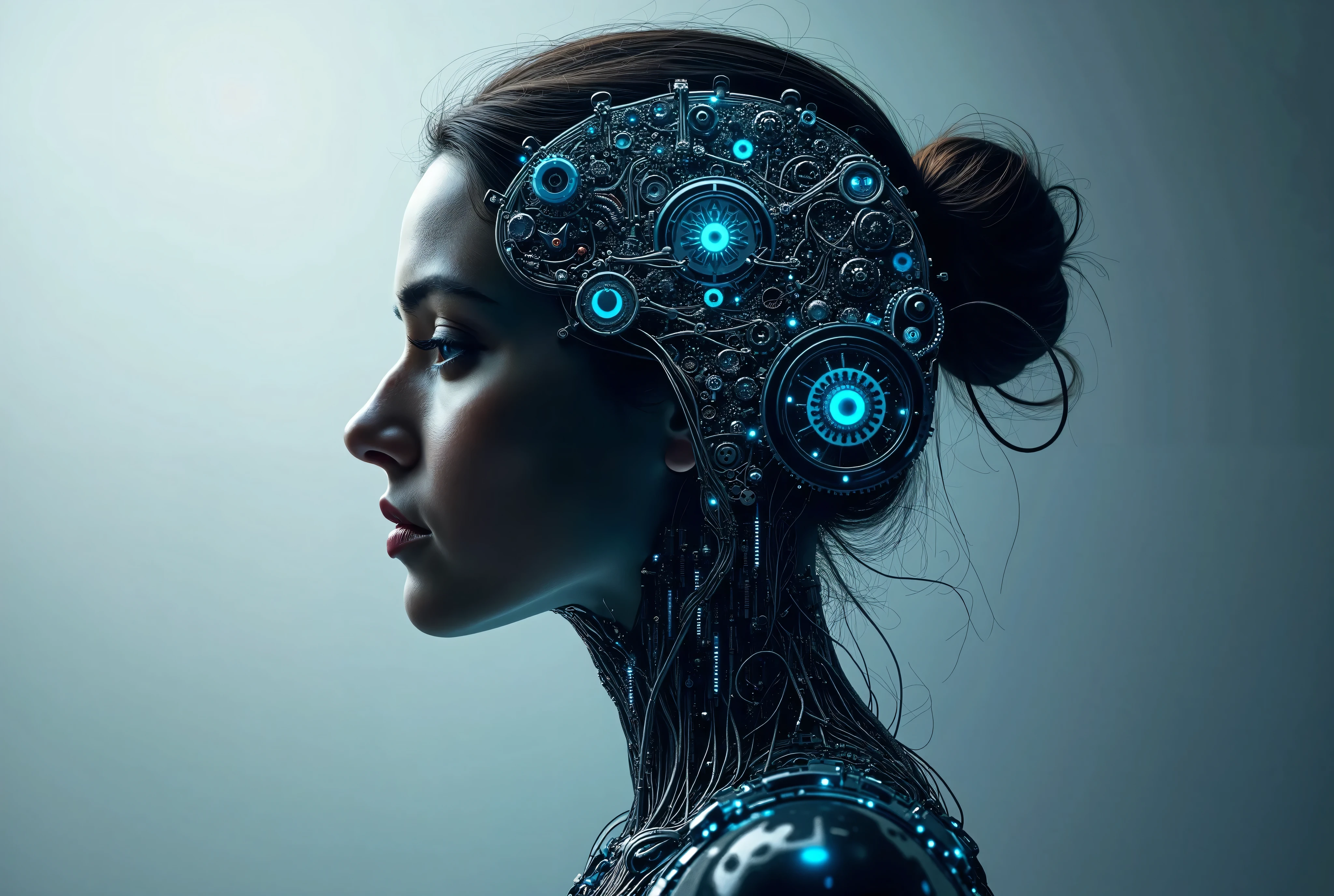 Electronic Systems On-Head Humanoids |Cyborg Woman| With a detailed brain that you can see| With a delicate heart that can be seen| Muscle cable wire | Realistic Skin| Biopunk| Cybernetics | Cyberpunk | Canon M50| 100mm| Sharp Focus | Gently| Hyperrealism | Very detailed| Intricate Details | Vascular |