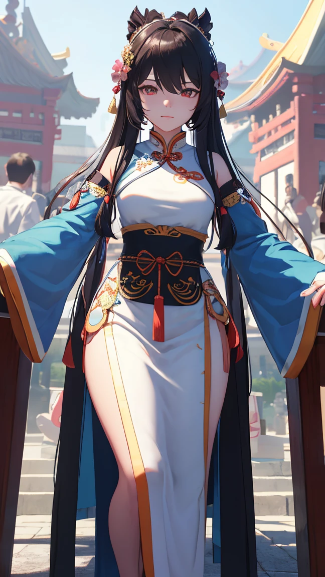 Masterpiece, best, 1 female, blue clothes, blue cheongsam, full body photo, ancient Chinese style, white cloth bun bun, black hair, shoulders, big breasts, slender legs, smile, white pantyhose, pantyhose lace side, white underwear, pale pink lips, embroidered dress