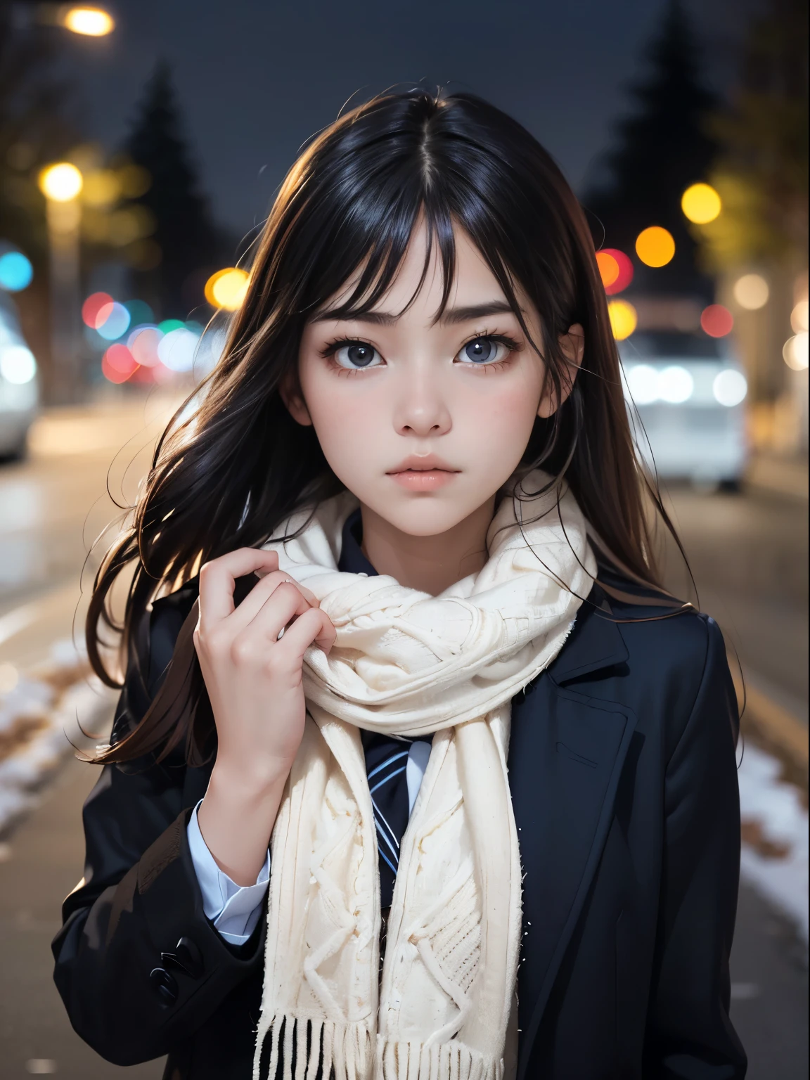 (Close up portrait of one girl has long hair with blunt bang in winter school uniform and coat with scarf:1.5)、(One girl with sad face and hair fluttering in the wind :1.3)、(Street corner on a winter night with beautiful Christmas lights:1.5)、(Perfect Anatomy:1.3)、(No mask:1.3)、(complete fingers:1.3)、Photorealistic、Photography、masutepiece、top-quality、High resolution, delicate and pretty、face perfect、Beautiful detailed eyes、Fair skin、Real Human Skin、pores、((thin legs))、(Dark hair)