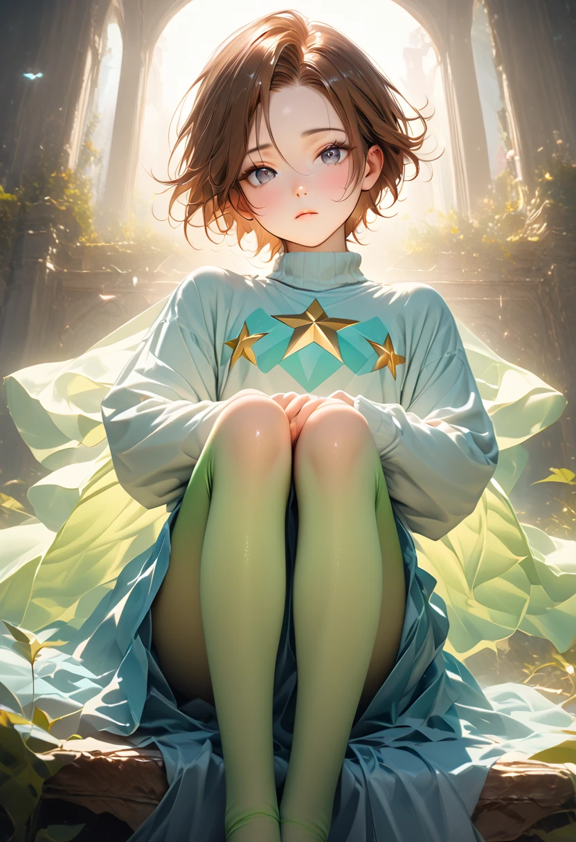 a beautiful young effeminate boy, 18 years old, with long brown hair and deep black eyes, wearing a turtleneck sweater with a star design in the center, a long flowing blue skirt, and long green stockings covering his legs, delicate facial features, thoughtful expression, ethereal, open eyes, dreamlike, soft lighting, pastel colors, digital art, highly detailed, 8k, photorealistic, masterpiece, standing
