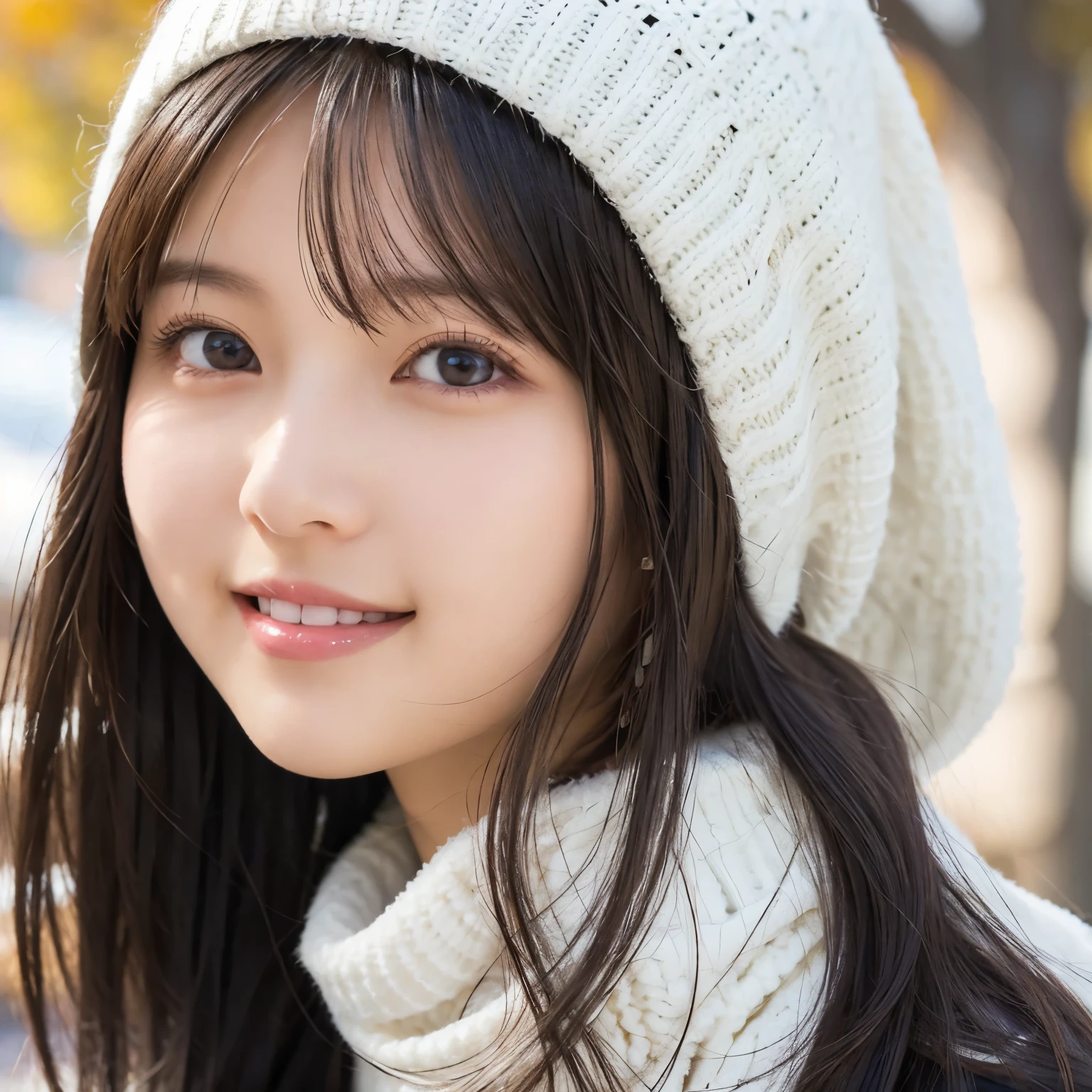  White down jacket , White knit hat,  muffler , Winter Park Lawn ,  smiles,  An atmosphere where you can feel the transparency and innocence of winter,  face close-up ,  girl, busty,  black hair,  straight hair,  with bangs, 's greatest masterpiece,  professional lighting