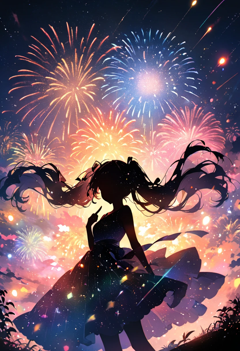 Vast night sky pictures,((Top quality:1.4),(Unparalleled masterpiece),Night Sky: 1.4,(Fireworks: 1.4, Aerial Fireworks: 1.4), highly detailed 8k CG unit,,Bokeh,Depth of field,, Beach, Sea, Volumetric Lighting,(Dynamic Composition: 1.4),Bikini girl standing on the beach, character 0.3, Very detailed, Colorful details, (Iridescent: 1.2), (glow illumination, atmosphere lighting), dreamy, magical, (solo: 1.2),