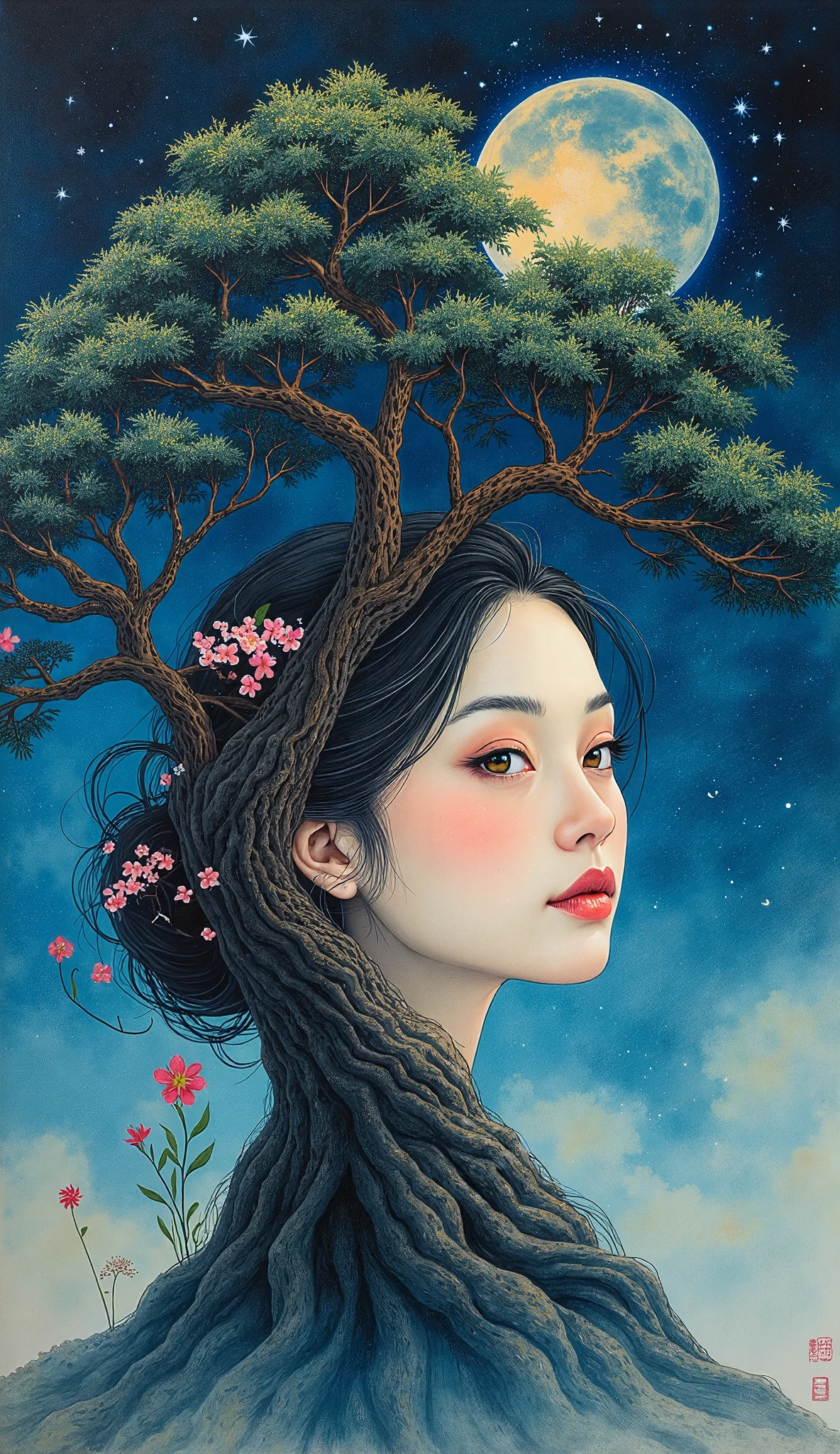 Fusion of ink painting and watercolor painting、wallpaper、A woman with a beautiful face、A giant tree with a crooked trunk 、night、Small Moon、 best quality、masterpiece、