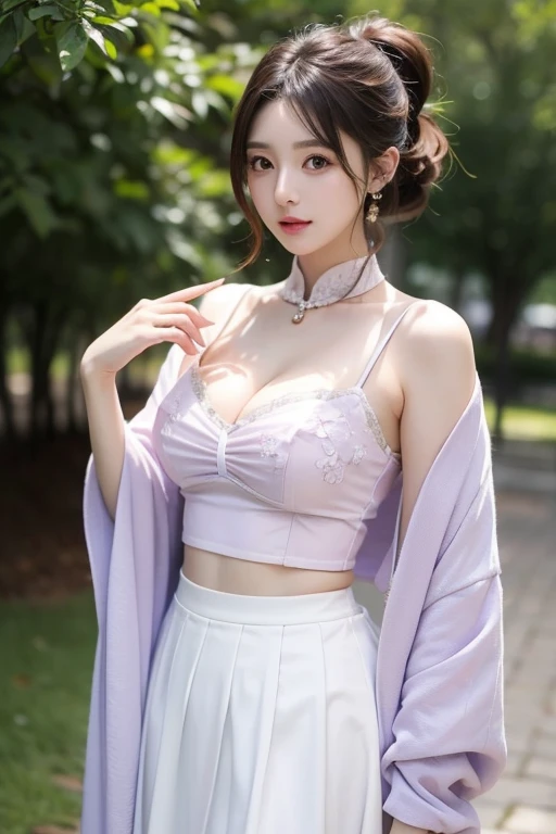 (Masterpiece, high quality, 4k, detailed), pretty, beautiful, white and purple korean traditional outfits,  black skirt, cleavage, humongous breasts, adult, mature, very tall, amethyst short ponytail, orange eyes 