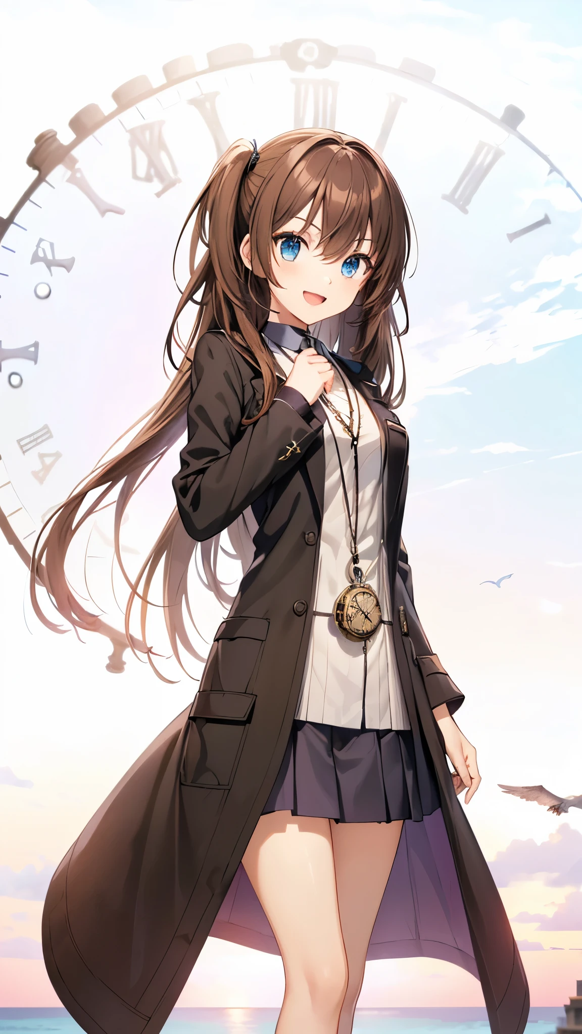 black long coat, very beautiful teenage tall girl,(16k, super high resolution , top quality,masterpiece, super detailed, Highly Detailed Facial Features,  perfect face,  Perfect Eyes , anatomically correct body), Straight hair& high twintail,blue eyes, hair between eyes, ((light brown hair:1.3)), school uniform, white shirt,break,red pleated skirt,break, purple tie, Tree Eyes,((:d:1.3)),(( sunset sky:1.3)),((Ocean and horizon at the back of the screen:1.3)),((clock
tower:1.3)),front shot, looking at camera,standing on stone bridge,looking up, lots of seagulls flying in the sky,evening,((Pocket watch:1.3))