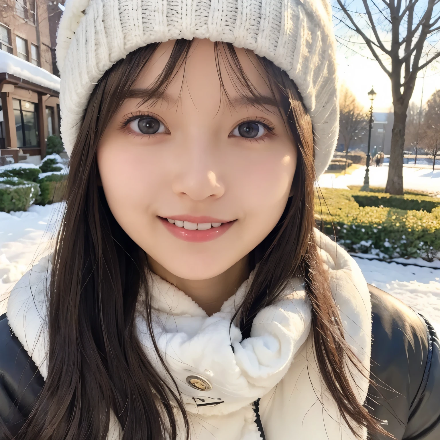  White down jacket , White knit hat,  muffler , Winter Park Lawn ,  smiles,  An atmosphere where you can feel the transparency and innocence of winter,  face close-up ,  selfie,  girl, busty,  black hair,  straight hair,  with bangs, 's greatest masterpiece,  professional lighting