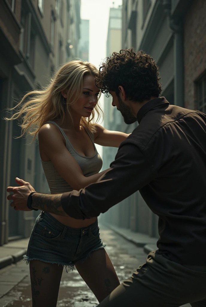 a rich beautiful blonde woman, wearing sexy clothes and high-heeled sandals, standing full-length, old homeless black man, wearing dirty clothes, holding hands, smiling, intense emotion, fall in love, kissing while walking together in a dirty alley