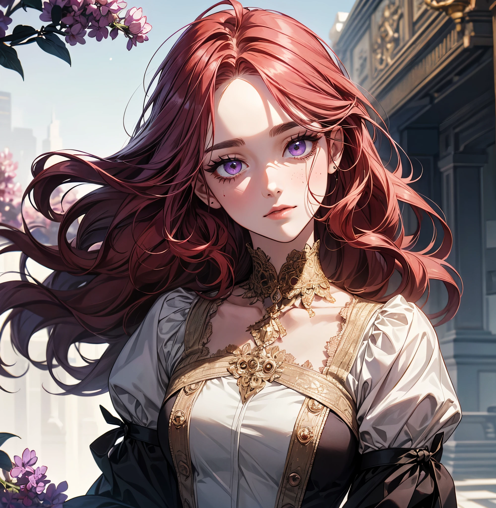 portraite of a, Redhead, Yellow-white eyes, hairlong, redhead hair, Wavy Hair, Bangs, Background The Golden Hour, The sky, to the chest, white blouse with ruffles, lace, tattoo on the neck, tattoo on tele