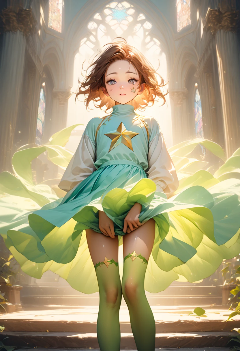 a beautiful young effeminate boy, 18 years old, with long brown hair and deep black eyes, wearing a turtleneck sweater with a star design in the center, a long flowing blue skirt, and long green stockings covering his legs, delicate facial features, thoughtful expression, ethereal, open eyes, dreamlike, soft lighting, pastel colors, digital art, highly detailed, 8k, photorealistic, masterpiece, standing, ((light brown skin))
