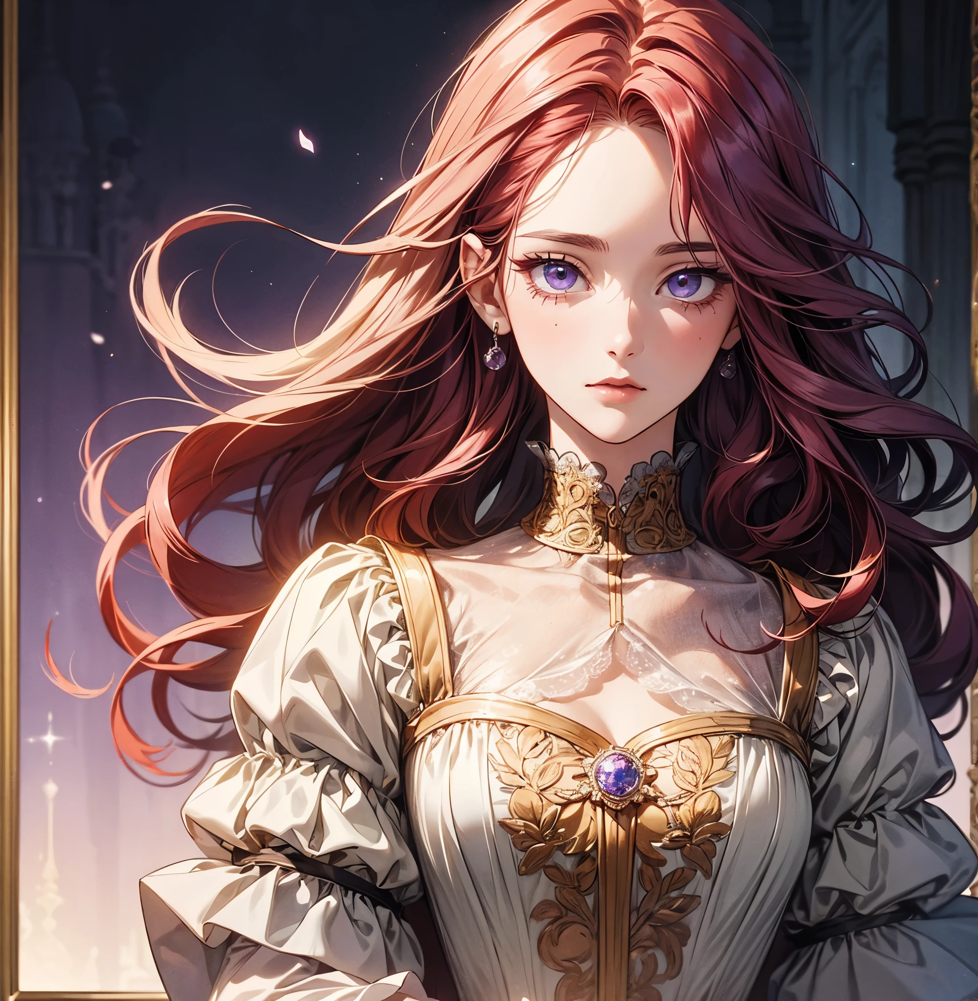 Create an image of an enchanting woman with long, flowing red hair adorned with golden stars. She should be wearing an elegant, dark blue gown with intricate gold embroidery and large red gemstones. Her expression is intense and captivating. The background should be soft and celestial, enhancing the mystical and ethereal atmospheres arches and a sense of grandeur and elegance. by Conrad Roset, Pino Daeni, Jeremy Mann, Alex Maleev, 16k resolution, super dramatic light, sharp focus, alexander mcqueen , John William Waterhouse rudolf hausner, daniel f. gerhartz,