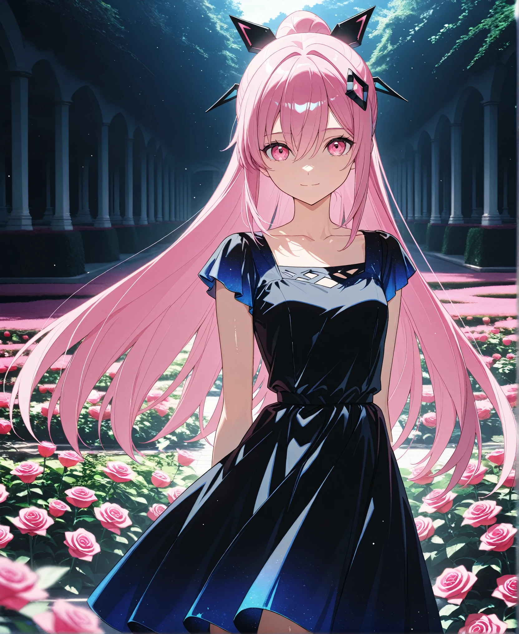 score_9, score_8_up, score_7_up, masterpiece, absurdres, source_anime,1girl, solo, adult, girl focus, adult, very detailed expressive eyes, (very detailed eyes), aesthetic eyes, bright eyes, (bright pink eyes),  pink eyes, beautifully styled hair, very detailed hair, straight hair, bright pink hair, long hair, hair between eyes, (styled ponytail), (slim ponytail), (straight hair), (straight ponytail),styled hair,  little smile, looking at viewer, small breasts, shiny skin, healthy skin colour, face focus, BREAK
((blue and black) summer dress, multicoloured dress, hair ornament), outdoors, rose garden, sunny, standing,  half body, cowboy shot, BREAK
HDR, 8K, masterpiece, best quality, amazing quality, very aesthetic, high resolution, ultra-detailed, absurdres, newest, scenery, aesthetic detailed background, very detailed background, best quality, game cg aesthetics, beautiful detailed eyes, detailed skin, detailed hair, light particles,  photo background, depth of field, 
(masterpiece), best quality, ultra-detailed, 1024k UHD wallpaper, ultra-high resolution, depth of field, HDR, Ray tracing, RTX, high saturation, photon mapping, best texture quality, best compotitions, (extremely detailed CG 1024k wallpaper), High Details, Detailed face, Detailed Clothes, Ultra HD Photo, Perfect Face, expressive eyes, bright colours