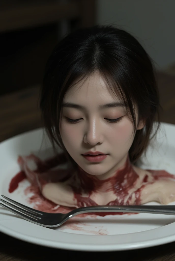   place the head of a decapitated woman , Asia,  Less blood stains   , ((  with eyes closed )),   like a dish on a plate  , Bloody,  actual , 4K, Nikon, fear