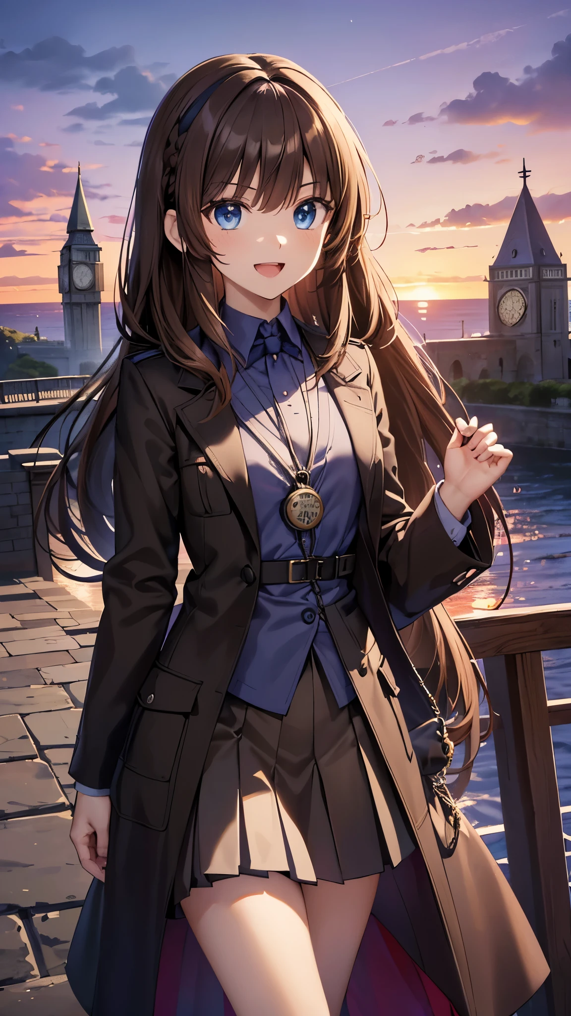 black long coat, very beautiful teenage tall girl,(16k, super high resolution , top quality,masterpiece, super detailed, Highly Detailed Facial Features,  perfect face,  Perfect Eyes , anatomically correct body), Straight hair&twintail,blue eyes, hair between eyes, ((light brown hair:1.3)), school uniform, white shirt,break,red pleated skirt,break, purple tie, Tree Eyes,((:d:1.3)),(( sunset sky:1.3)),((Ocean and horizon at the back of the screen:1.3)),((clock
tower:1.3)),front shot, looking at camera,standing on stone bridge,looking up, lots of seagulls flying in the sky,evening,((Pocket watch:1.3))