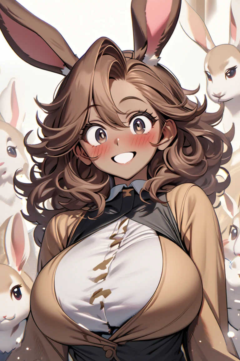 Alone,  Long wavy hair, curly hair,  high resolution, smile, blush,  brown hair , Colas gemelas,  masterpiece,  Precise,  rabbit ears,  big breasts, bright eyes Happy , Fondo simple,  brown skin, doe, the debt. 