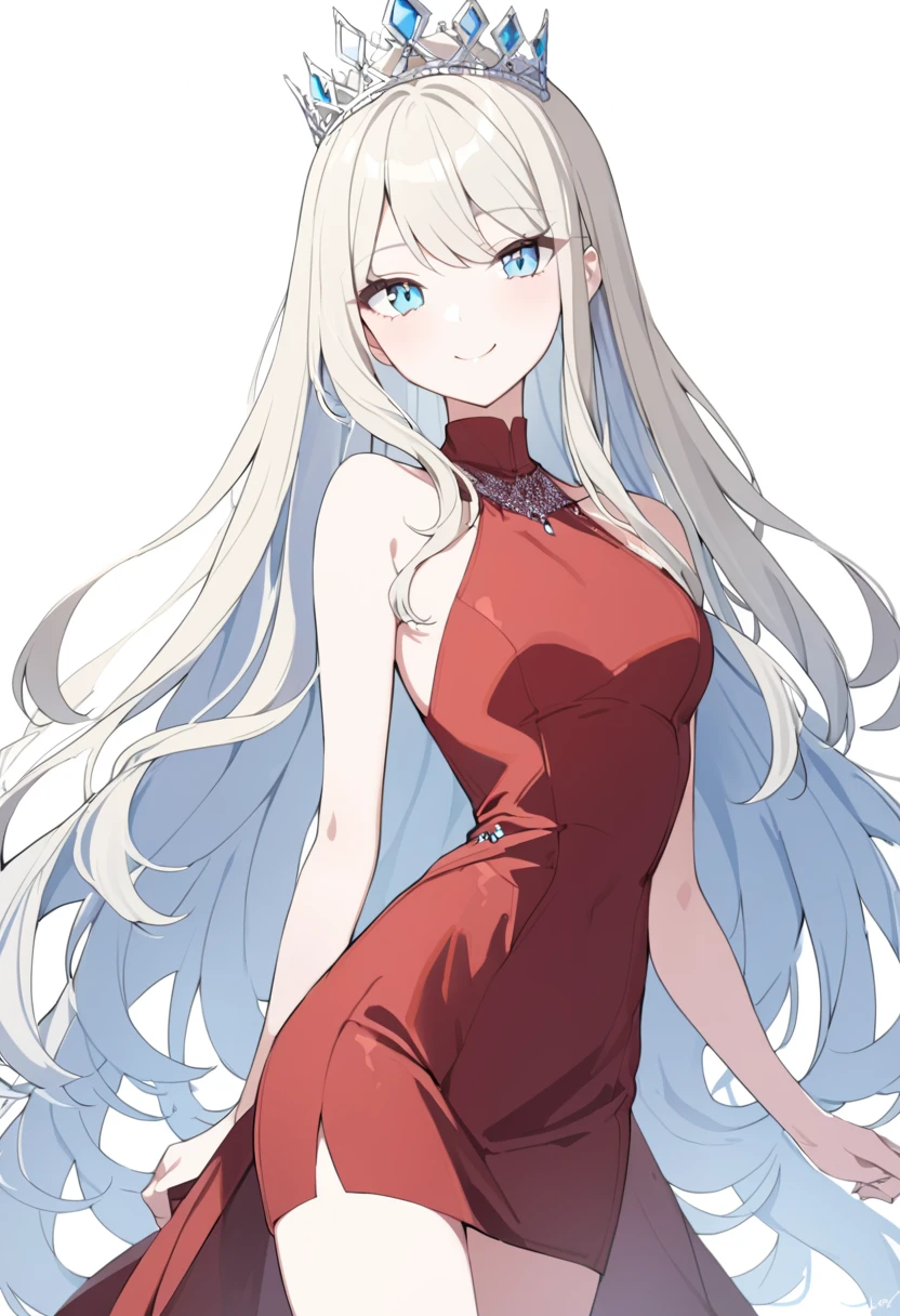 (( 1 woman )), Platinum Blonde Colored Hair Long Hair, Ice Blue Eyes ,Elegant ,Queen, Swede , Red Dress ,Slim body type,White, empty background,White background, looking at camera,smile,cowboy shot