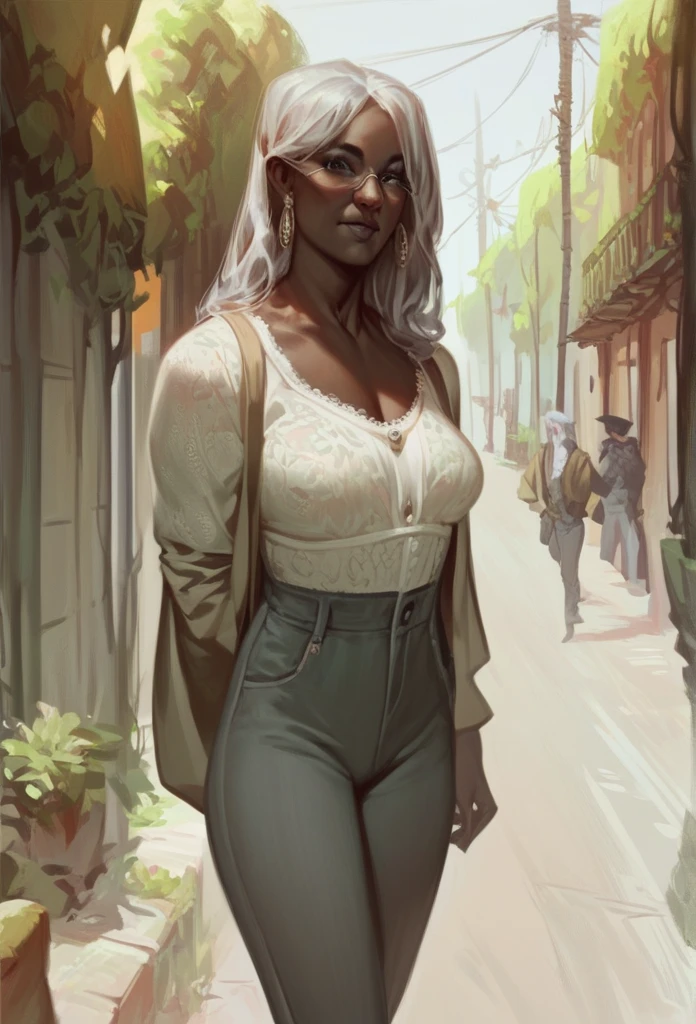 elderly.  dark skin. thin.  long hair pants.  gray hair . .  Wearing a beige dress. Standing on the street . 