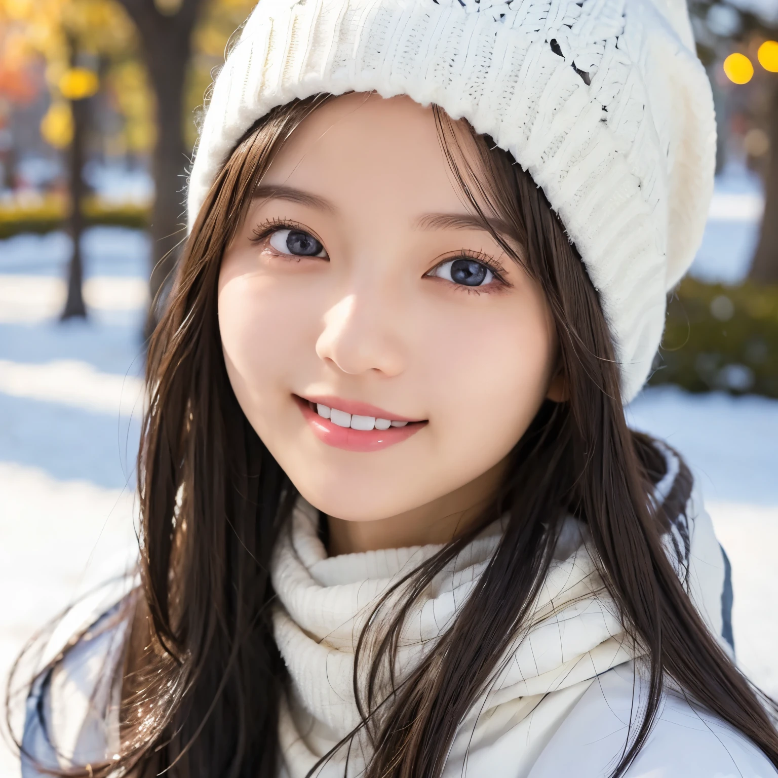  White down jacket , White knit hat,  muffler , Winter Park Lawn ,  smiles,  An atmosphere where you can feel the transparency and innocence of winter,  face close-up ,  selfie,  girl, busty,  black hair,  straight hair,  with bangs, 's greatest masterpiece,  professional lighting