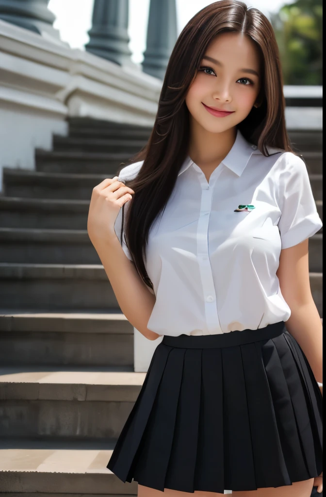 ((masterpiece)),(detailed),(perfect face),(thin),((sexy long legs)),((beautiful legs)),(slim),((boob flash)),(( slip)),(horny smile),((very sexy emotional face)),((very long straight hair)),(looking at viewer),(black hair),((trained body)),((smiling)),(top-quality),(Photo realsitic:1.4),Raw photo,(( -oldrl)),(((black straight hair)),(((Take different poses))),glowy skin,(Happiness:1.2),(she wearing Thai university uniform black pleated mini skirt:1.5),((portrait)),(close up shot), ((Thai university uniform black pleated mini skirt:1.5)), ((White Thai university-uniform shirt:1.5)), ((in front of Thai university stairs:1.5)), Thai script in background, ((brown belt)), ((detailed cute face:1.5)), ((14-yo ai nisit girl:1.5)), ((long beautiful legs:1.5)), nsfw, beautiful thigh