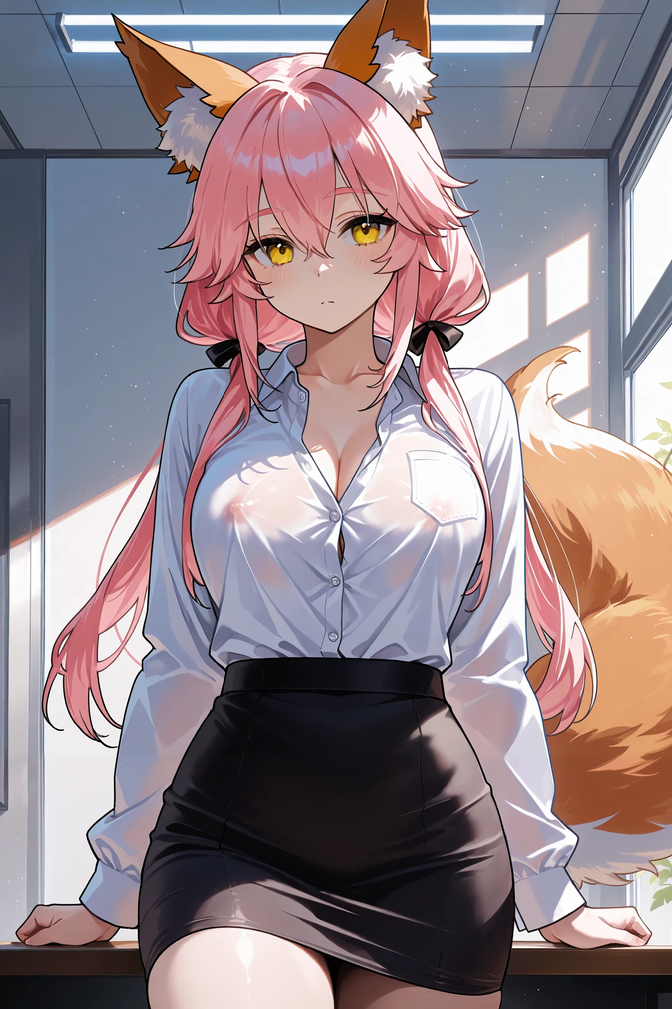 NSFW,masterpiece, top quality, high definition, very detailed,Tamamo、 pink hair、 hair between eyes 、 side lock、 short twin tail 、 yellow eyes、 Beast Ears、Fox Ears、 Fox Tail , dress shirt, pencil skirt
