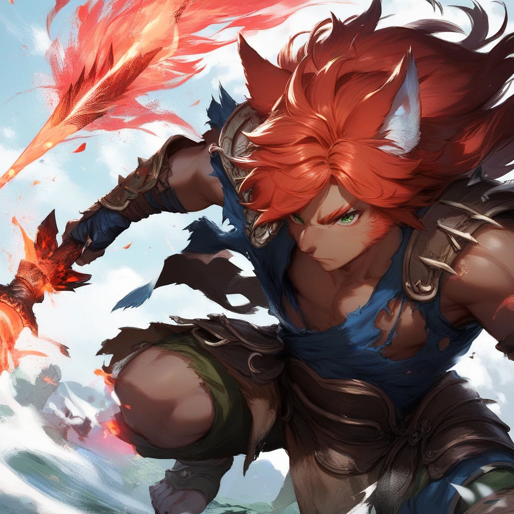 ********* Kemono elf half beast, Your hair and fur are red,  fighting in the middle of a plain,  her clothes are torn and her armor in pieces ,  her expression is fierce and her eyes are serious ,  in her left hand she holds an impressive spear with a long blue fabric that wraps around it,  her other hand is in a claw shape ,  her red hair wobbles in the wind ,  dark skin under the red fur , deep green eyes , iris feral,  animal ears , wolf ears,  body hair , Alone,  Battlefield,  magic and shadows in the background ,  long hair, Alone, 1 man.