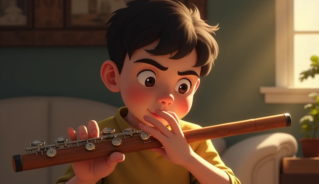 A boy about 10 years old wearing an orange polo shirt, playing the flute. 3D image, Cartoons, face detailed, asymmetrical 16k