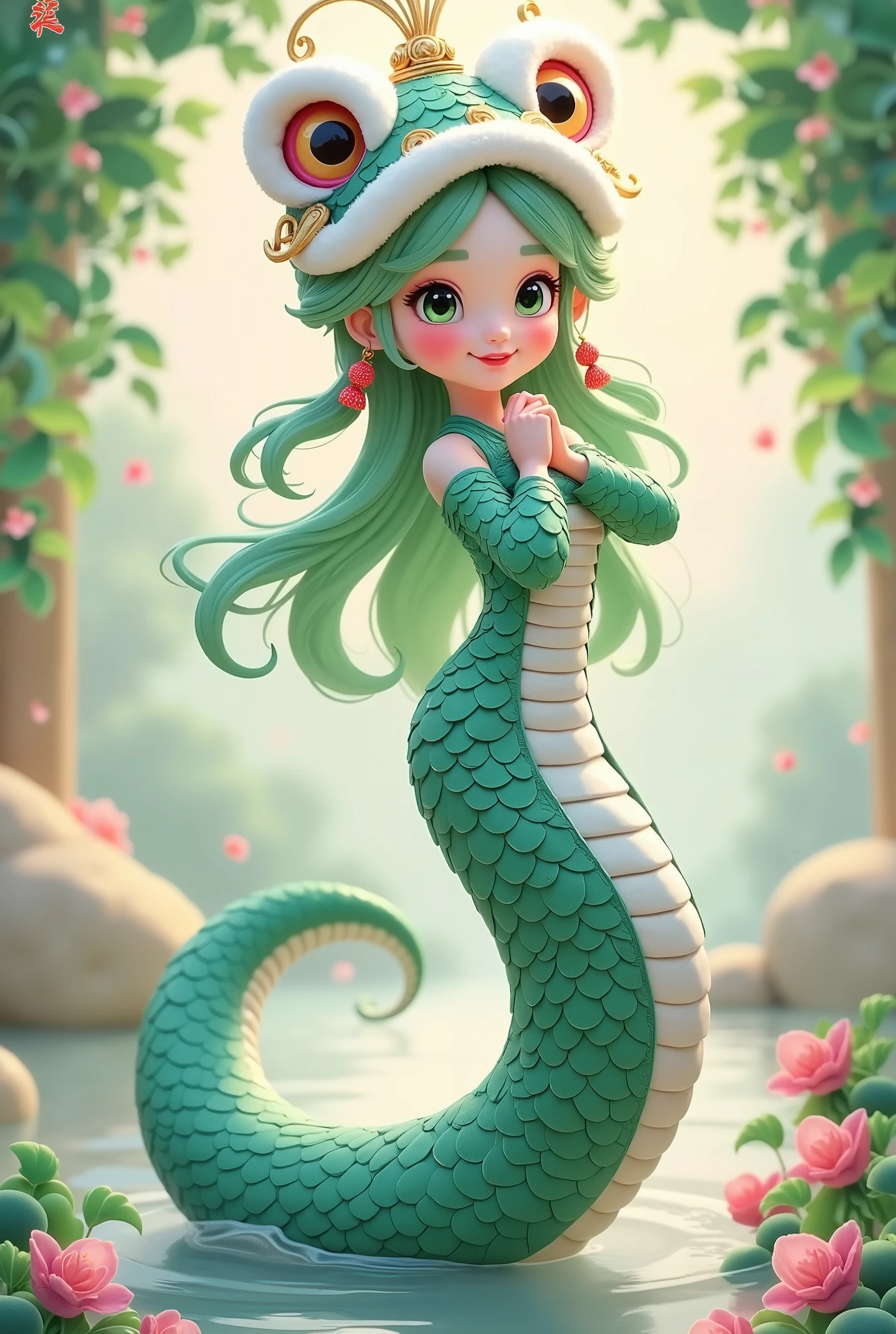 ( masterpiece, best quality:1.2), 1Snake girl:1.5 , Mermaid, Flowing hair ,unique ,cute,hand, Chinese style,(((Lion hat:1.5))),(((action)))