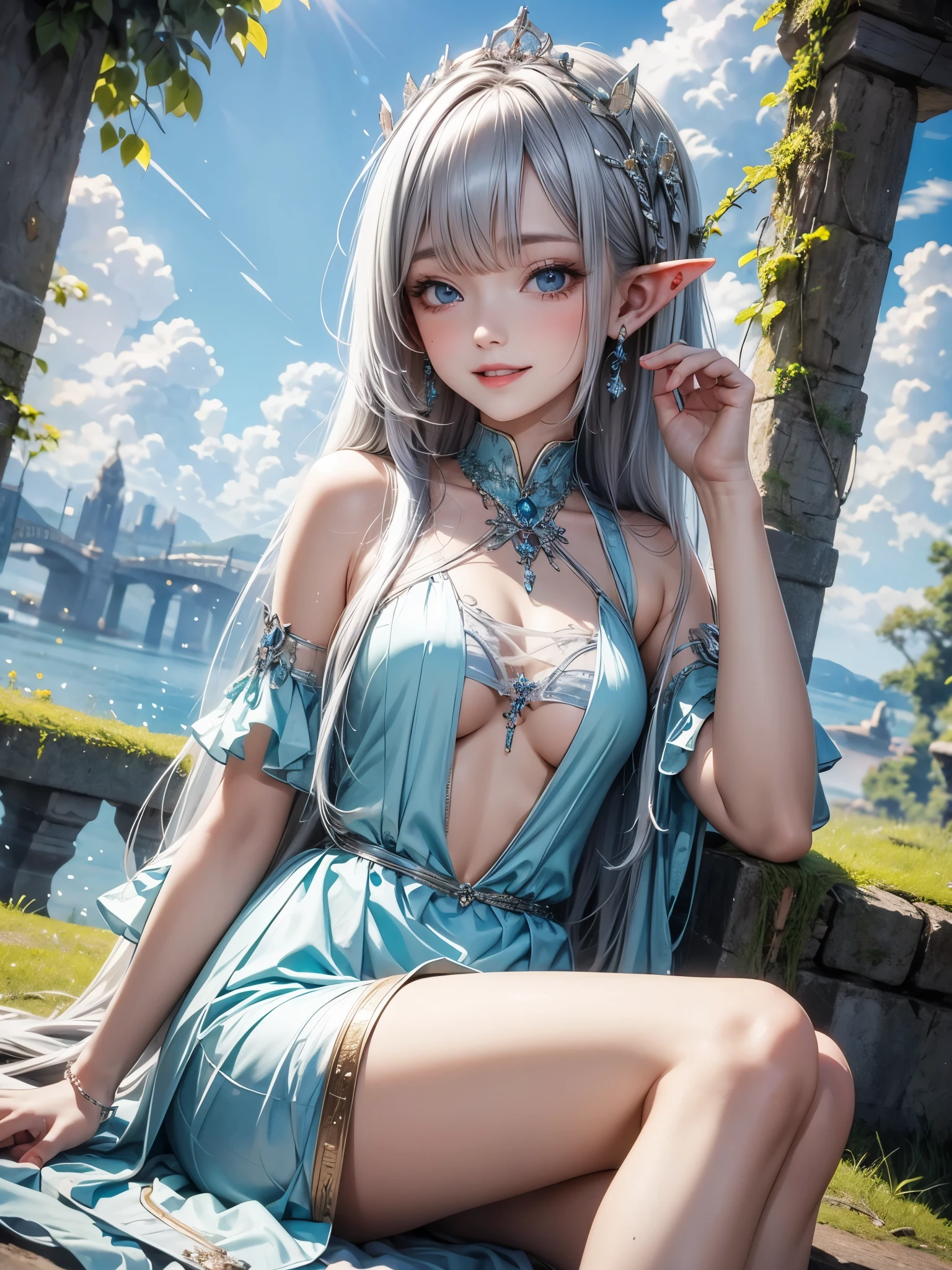 (master piece),(4k),high quality, small breasts,1girl,elf,long silver hair,pale skin,smile,white and blue costume,sitting in lakeside,(beautiful fantasy anime),film Lighting
