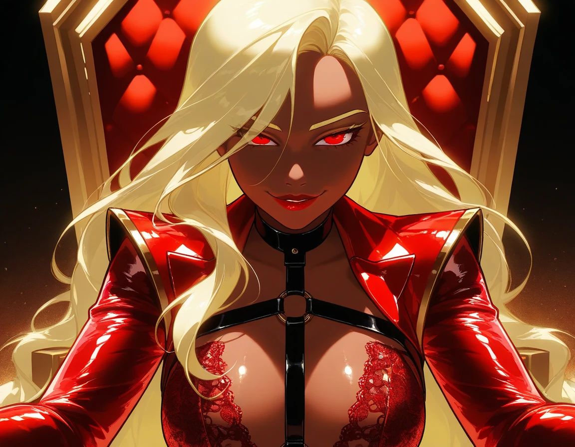 OC, female, semi realism, dark tanned skin, red lips, blonde eyebrows, perfect face, long wavy light Ashe blonde hair with bang, half-closed red eyes, evil smile, red glamorous, sweet aesthetic, harness and lace sexy suit, mystic luminescent, throne
